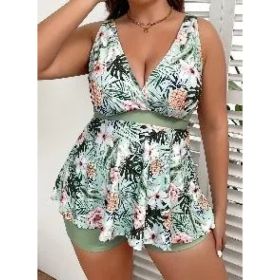 Swimsuits For Women Tropical Print V Neck Tops And Shorts Bathing Suits Two Piece Swimsuit (Option: 3xl)